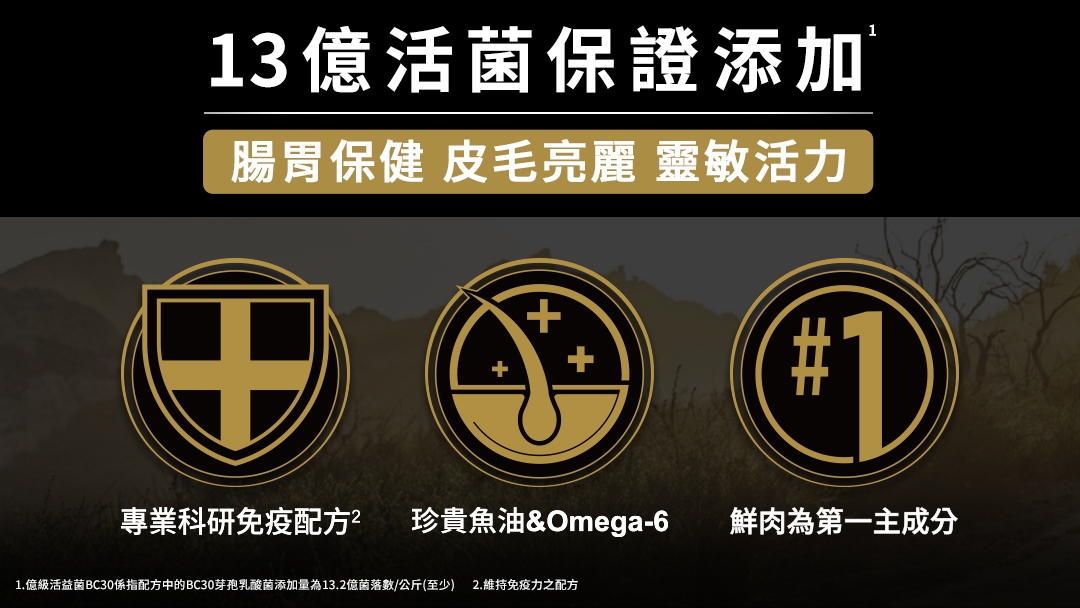 延續冠能頂尖科研配方優勢13億活益菌BC30保證添加，貓咪營養更升級！